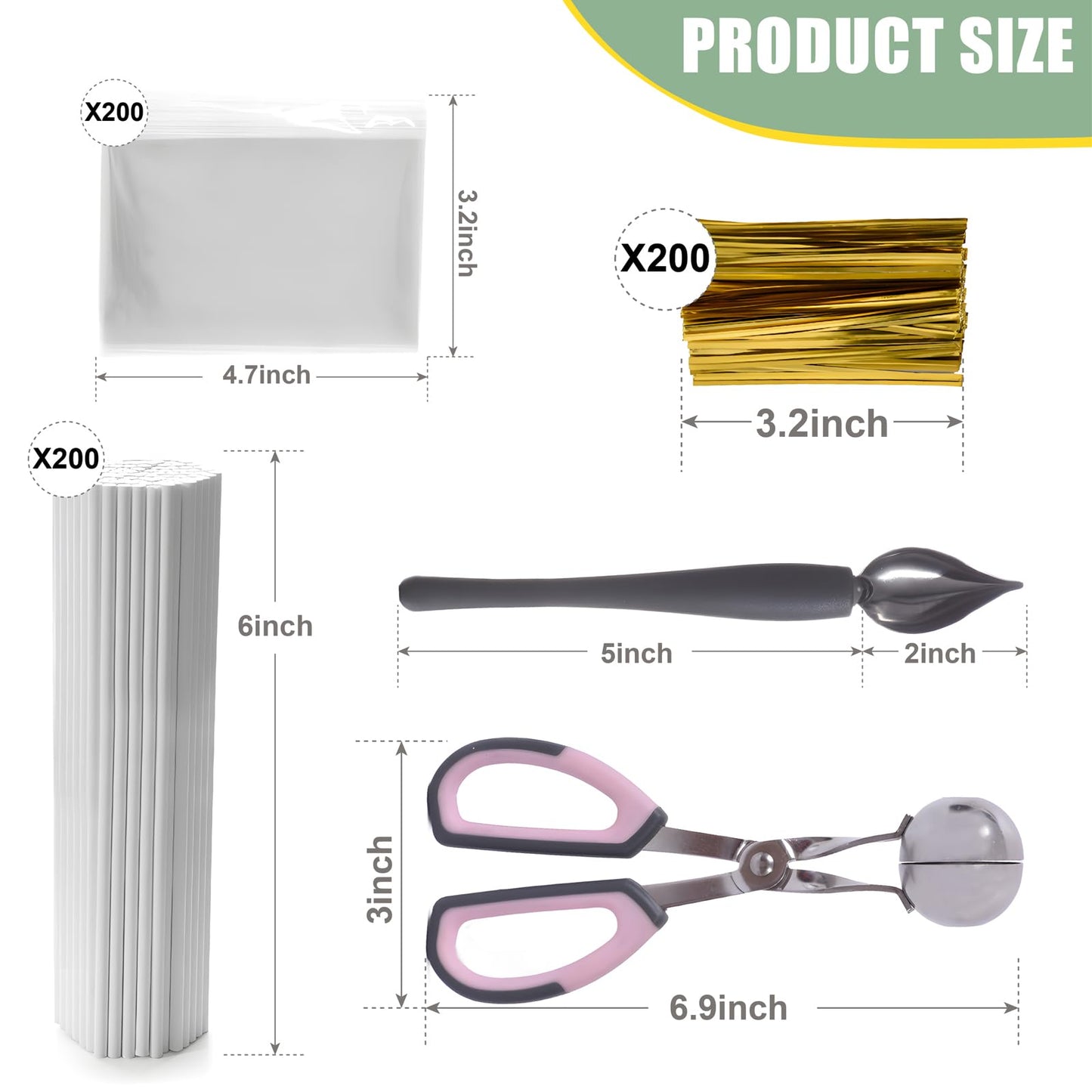 Cake Pop Kit Including 200 pcs 6 inch Lollipop Sticks and 200 Clear Wrappers, 35 Hole Clear Acrylic Display Stand, Metal Baller Scoop, Culinary Decorating Scooper, 200 pcsTwist Ties
