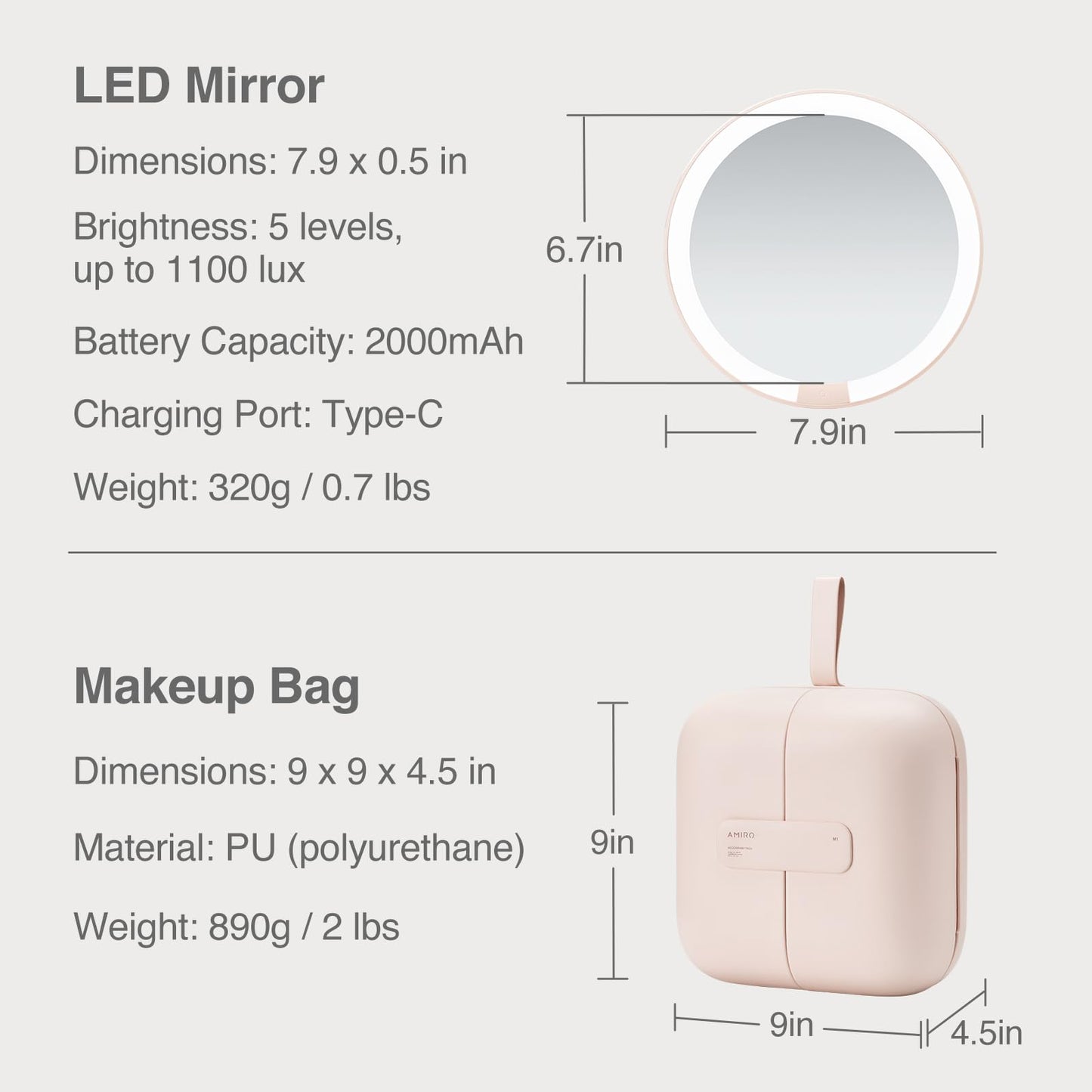 AMIRO M2 Cude Travel Makeup Bag with 5 Level Brightness & 3 Color LED Mirror, Portable Makeup Artist Organizer, Pink
