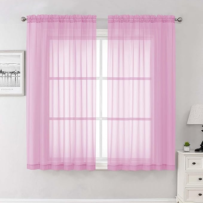 Lecloud Light Pink Sheer Curtains 63 Inch Length 2 Pcs, Dual Rod Pockets Light Filtering Window Curtains for Bedroom, Farmhouse Voile Solid Drapes for Living Room Bathroom, Each Panel 59" W x 63" L