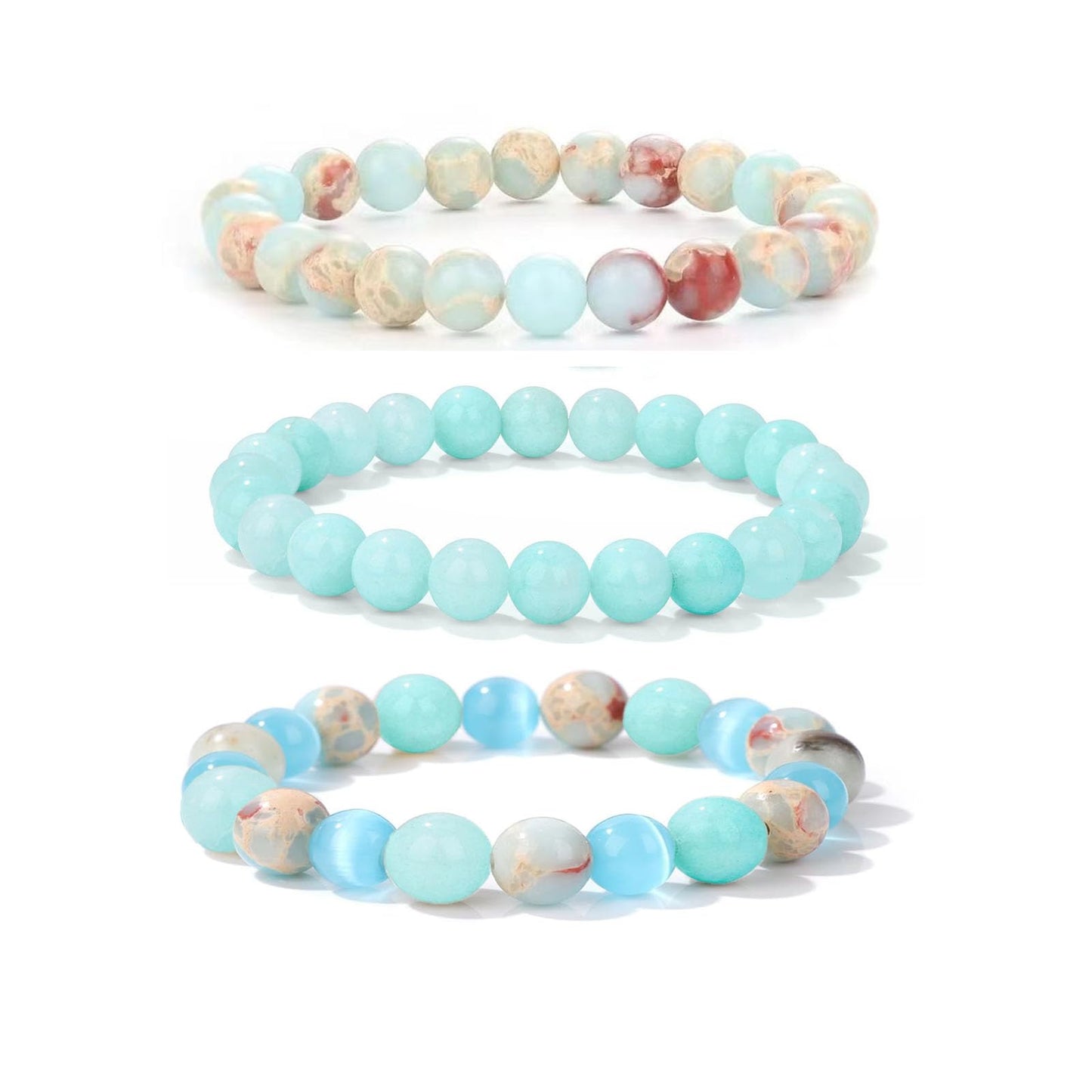 Crgwxzl Healing Crystal Bracelets for Women 8mm Natural Stone Beaded Stretch Bracelet Blue Aquamarine Blue cat eyes Imperial Jasper Spiritual Gemstone Lucky Jewelry Gifts
