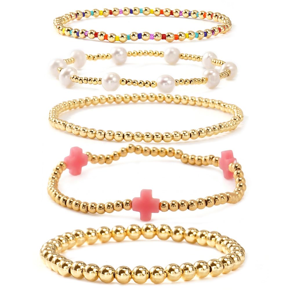 Bohxantium 14K Gold Beaded Pink Cross Bracelets for Women Dainty Pearl Colorful Seed Beads Stretch Stackable Non Tarnish Bracelet Stack Boho Christian Jewelry Accessories Birthday Prom Friendship Gift