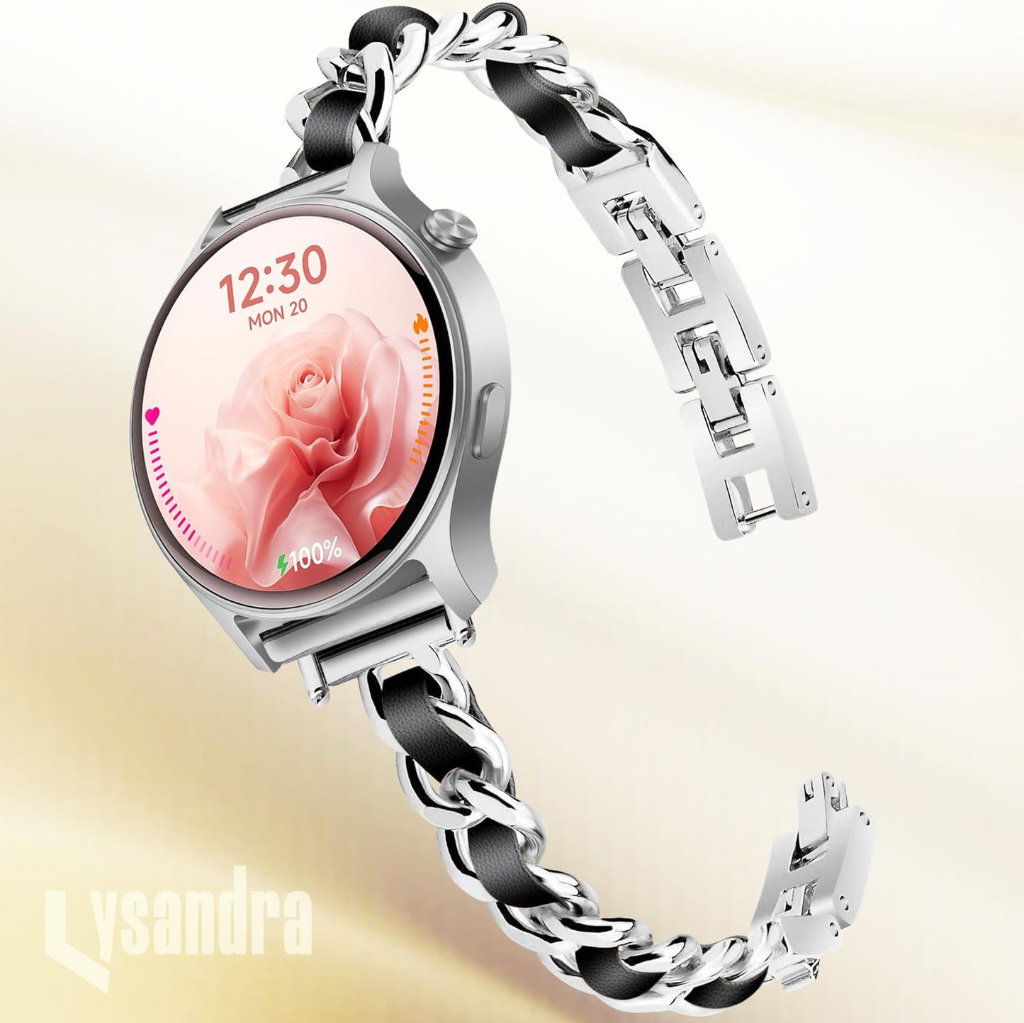 LYSANDRA Slim Gold Bands Adjustable Metal Chain Bracelet Strap Compatible with Fitpolo AR-01, aeac AR-01 Smartwatch, Adjustable Metal Chain Bracelet Strap with Leather (Silver)