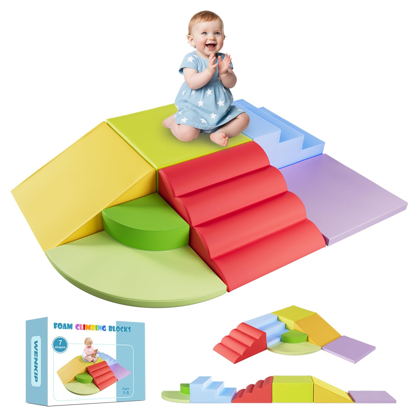 WENKIP 7-Piece Foam Climbing Blocks for Toddlers & Babies 1-5: Ultimate Indoor Play Toy Set with Soft PU Leather, Safe Crawling, Walking & Sensory Motor Skills Activity Blocks