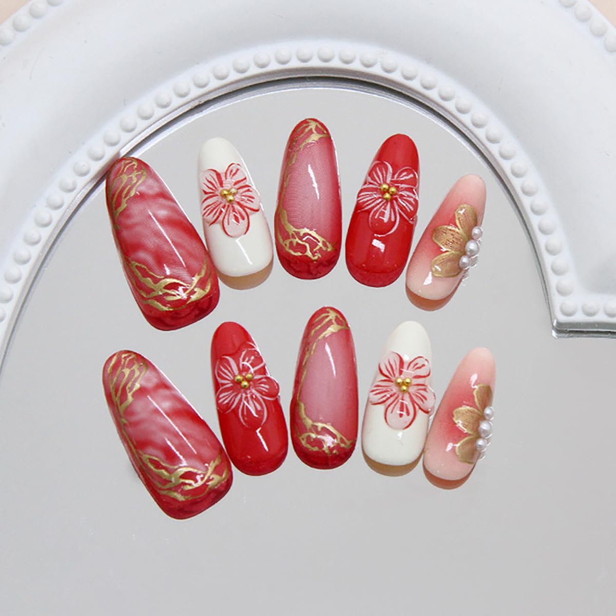 24Pcs Pink Press on Nails Medium Almond Fake Nails 3D Gold Flower Pearl Glitter Design Full Cover Tip Stick on Nails Peach Blossoms Glue on Nails Spring Summer False Nails for Acrylic Manicure