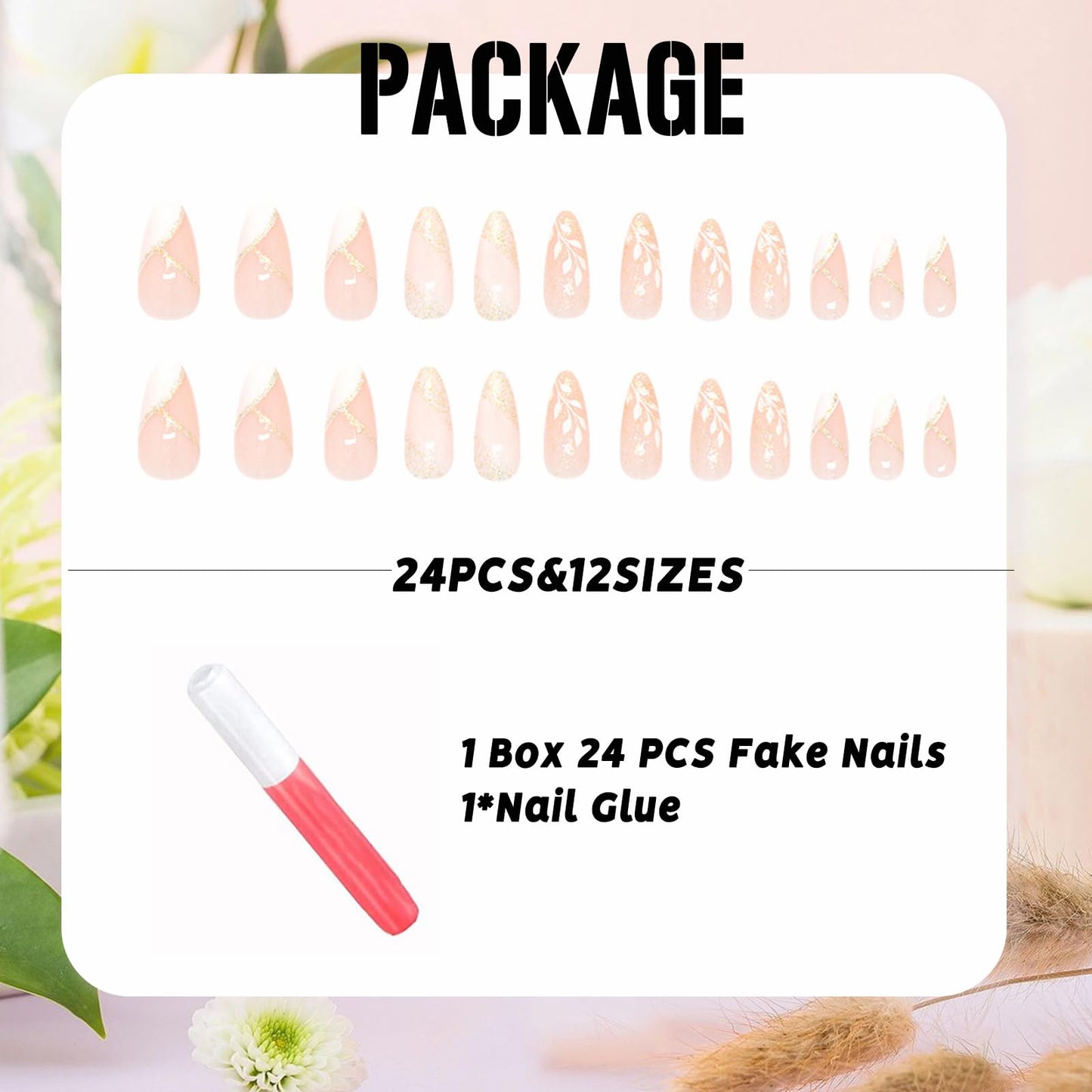 IMSOHOT Press on Nails Almond Medium Fake Nails with White Flower Designs Summer Floral Artificial Glossy Full Cover Golden Glitter Stick on Nails for Women 24Pcs
