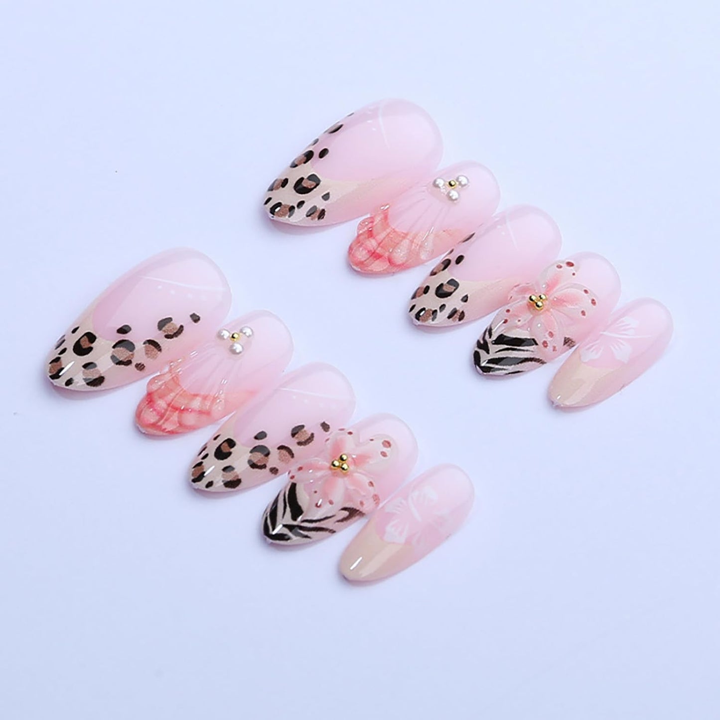 30pcs Press On Nails Medium Almond Fake Nails Press Ons With Flower Pearls Design French Leopard Print Acrylic Nails Pink Glossy False Spring Summer Glue On Nails For Women Manicure Decorations