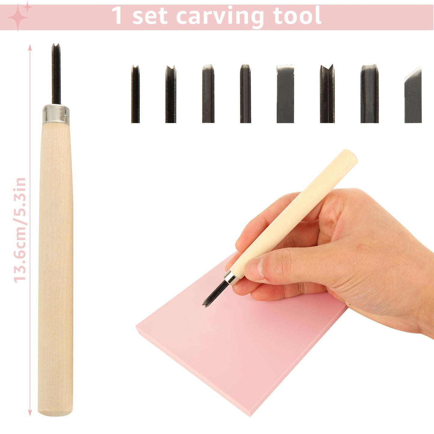 DIRBUY 10 Pack Rubber Stamp Making Kit - Block Printing Kit，Linoleum Carving Tools with 8 Type Blades, 8 Pcs Pink Rubber Carving Block and Rubber Brayer Roller
