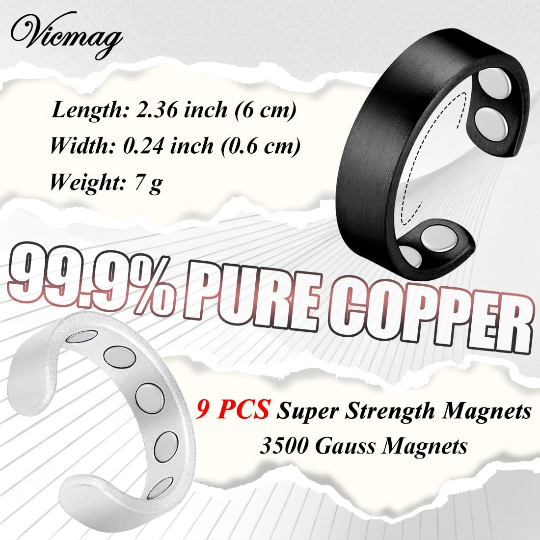 Vicmag 2PCS Magnetic Copper Rings for Women & Men,99.99% Pure Copper Ring with 9X Magnets Gift Adjustable(9X Black & Silver)