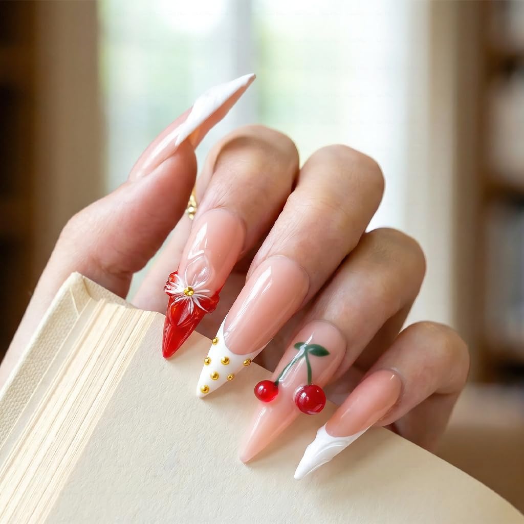 IntoVibes 10 Pieces Handmade Long Almond Press On Nails, White Thickened French False Nails, 3D Flowers And Cherries, Reusable Fake Nails Almond, Reusable Acrylic Nails (S)