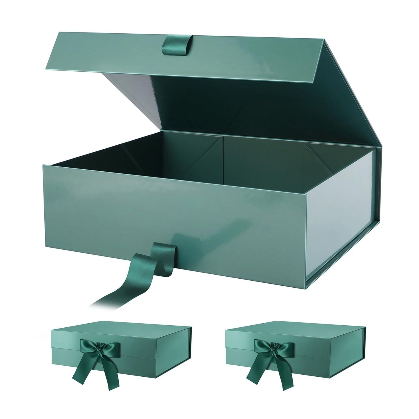 PACKHOME 17x14.5x5.5 Inches, 3 Extra Large Gift Boxes with Lids, Magnetic Closure Boxes with Ribbon for Clothes and Large Gifts (Glossy Green)