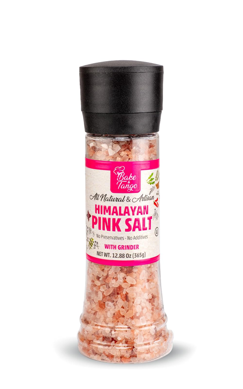 Bake & Tango Natural Himalayan Pink Sea Salt with Grinder, High-Tech Grinder Artisan Himalayan Pink Salt for Cooking, Seasoning, Grilling & Baking, No Preservatives or Additives, 12.88 oz, Pack of 6