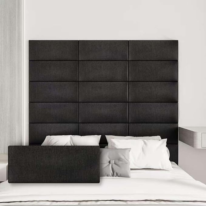 Upholstered Wall Mounted Headboard, 3D Soundproof Wall Panels Peel and Stick Headboard for Queen Size, Tufted, Black (9 Panels, 10" x 24")