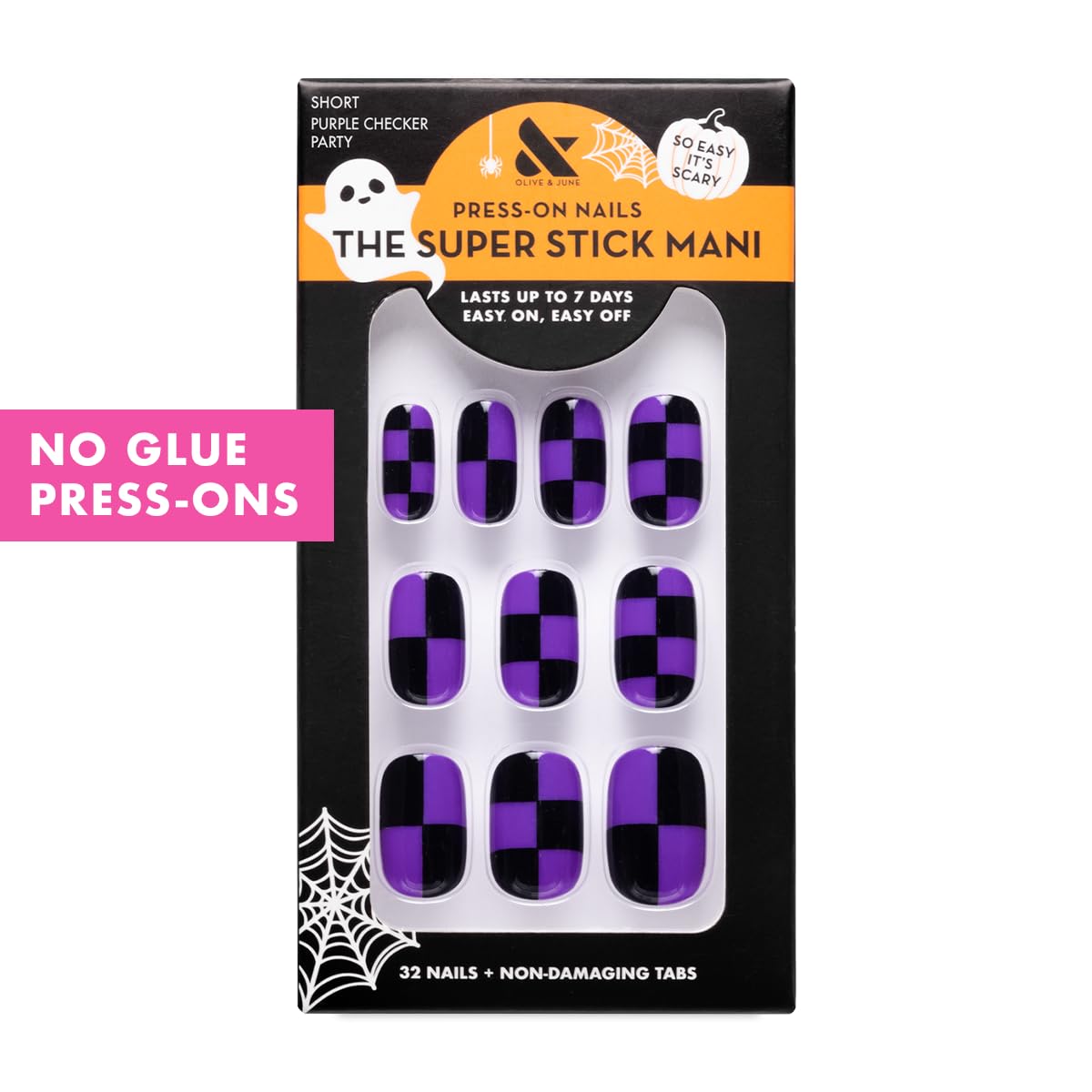 Olive & June Super Stick Mani Press-On Nails | Short Squoval |No Glue Needed | 32 Tab Nails, 16 Sizes, Last Up To 7 Days| Non-Toxic, Easy On-Off Non-Damaging | Halloween Purple Checker Party