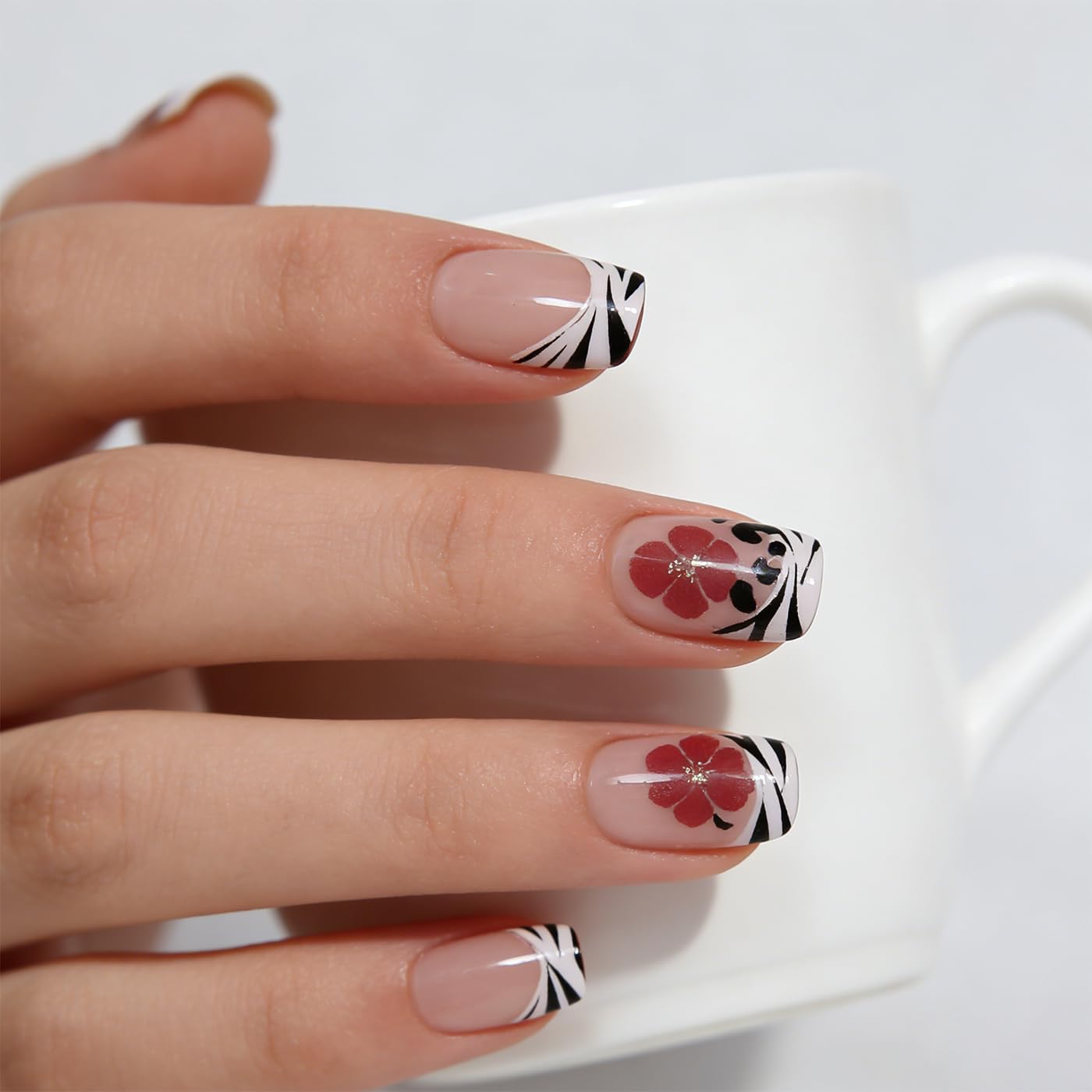 Goolich Zebra Print French Tip Press On Nails Short Square, Floral Nails Press ons Set with Adhesive Tabs, 24 Pcs 12 Size Reusable Full Cover Glue on Nails for Women