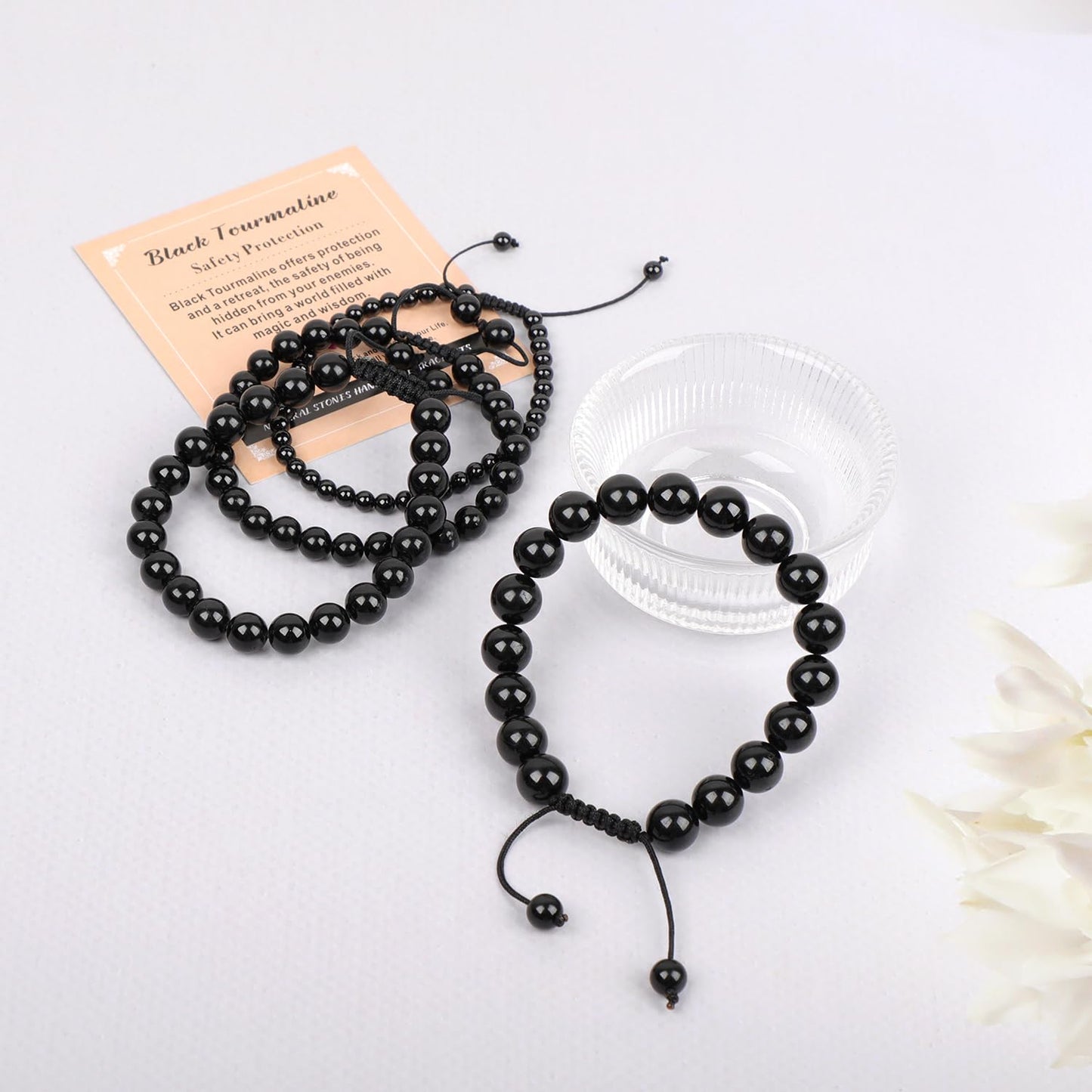 AD Beads 4mm Black Onyx Bracelet - Stone of Safety Protection - Handmade Natural Stone Crystal Bracelet with Adjustable Macrame String - Yoga Healing Power Energy Gifts for Men and Women