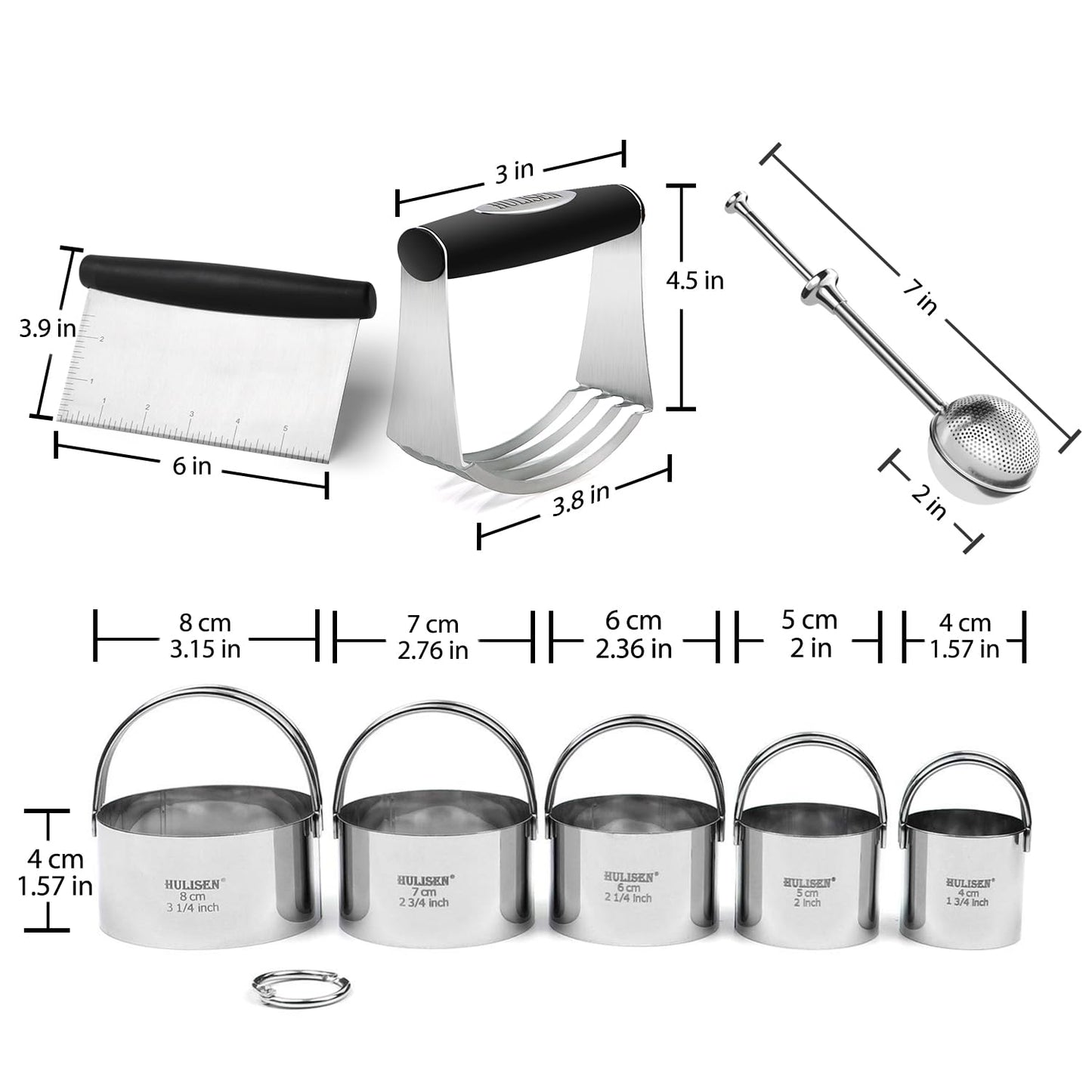 HULISEN Stainless Steel Biscuit Cutter Set, Flour Duster, Pastry Scraper and Dough Blender, Sturdy & Long-Lasting with Ergonomic Rubber Grip, Professional Baking Dough Tools, Gift Package (4 Pcs/Set)