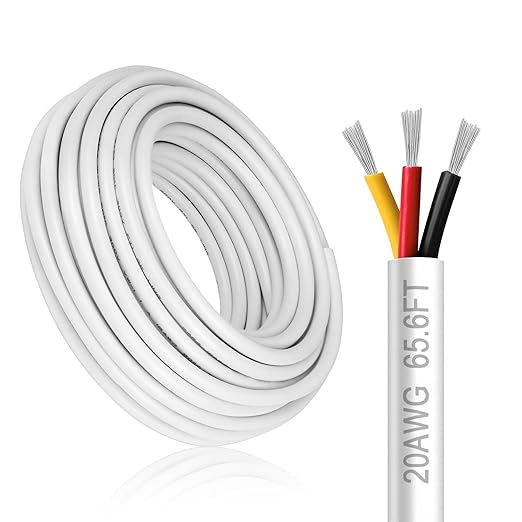 20 Gauge 3 Conductor Electrical Wire, 65.6FT White Stranded Low Voltage 20/3 PVC Case, 20 AWG Tinned Copper 3 Wire Extension Power for Strips LED Lamp Lighting