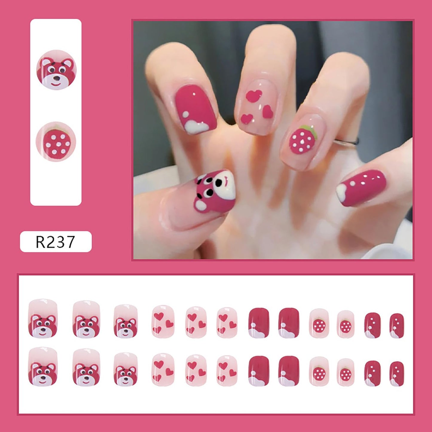 EYZOTSF Press on Nails Short Length Acrylic Glossy Full Cover Cute False Nails with Pink Bear Designs Artificial Extra Short Square Shaped Fake Nails Glue ons Fingernails for Women Girls