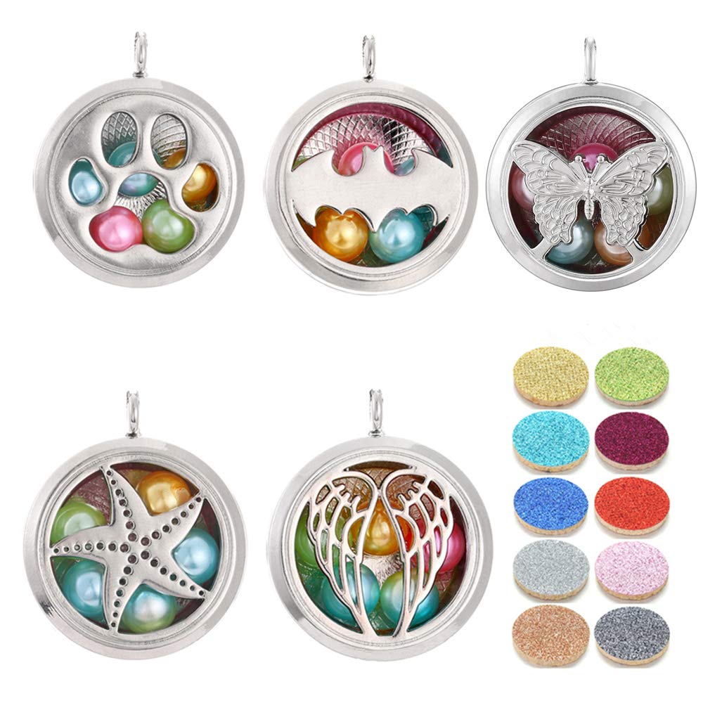 Vie jeune 5pcs Mixed Pearl Cage Floating Pendant Aroma Diffuser Charms Stainless Steel Tone Perfume Essential Oil Diffuser Necklace Pendant Locket Jewelry (Style 3)