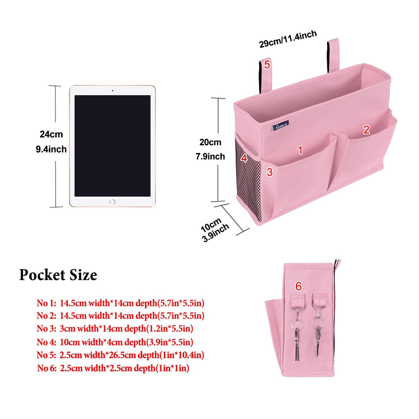 Surblue Caddy Hanging Organizer Bedside Storage Bag for Bunk and Hospital Beds, Pink, Small