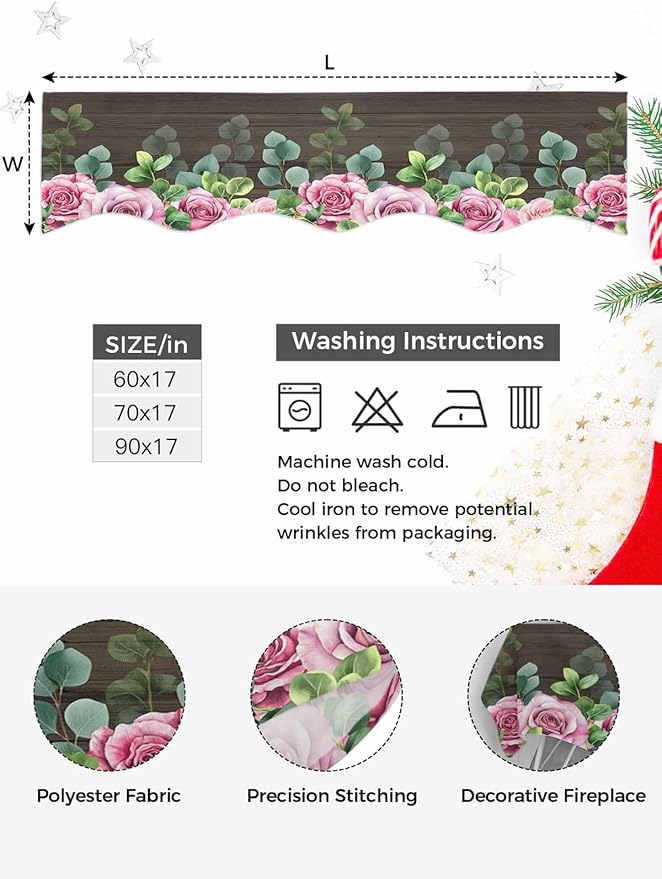 Spring Pink Roses Fireplace Mantel Scarf Table Runner, Pastoral Eucalyptus Leaves Brown Wooden Winter Garland Mantel Top Tablerunners Dresser Scarves Cover for Windows Party Living Room 90''x17''