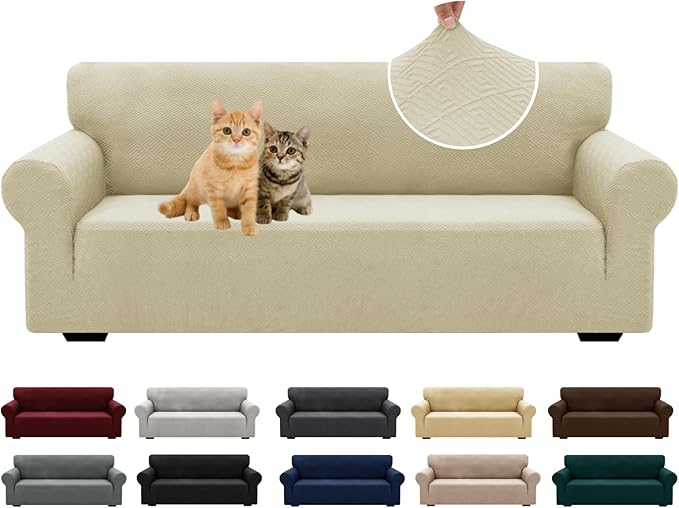 XINEAGE New 1 Piece Couch Covers for 3 Cushion Couch (79"-91") Stretch Sofa Cover Slipcover Pet Friendly Soft Washable Furniture Protector with Elastic Bottom for Kids,Dog (Sofa, Light Beige)