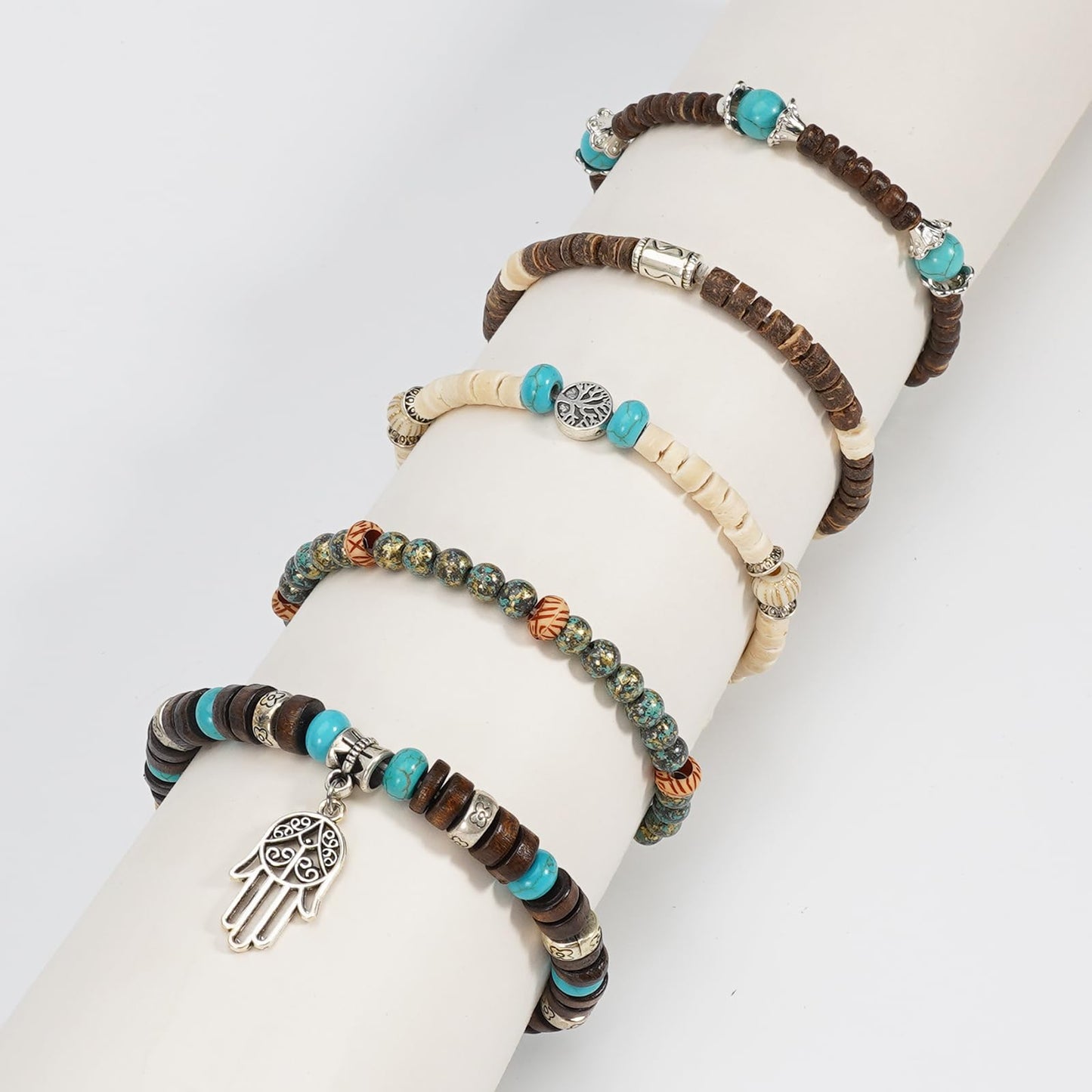 Briutn Boho Bracelets for Women Stackable Wooden Turquoise Adjustable Stretch Bracelet for Men