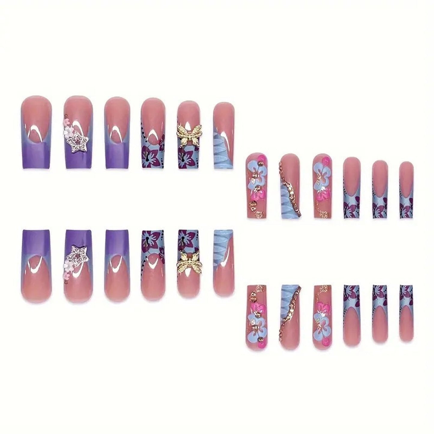 IMRAIN Press on Nails Long Square Fake Nails Blue Purple Flower Acrylic False Nails with Butterfly Rhinestone Designs Glossy Luxury Handmade Glue on Nails