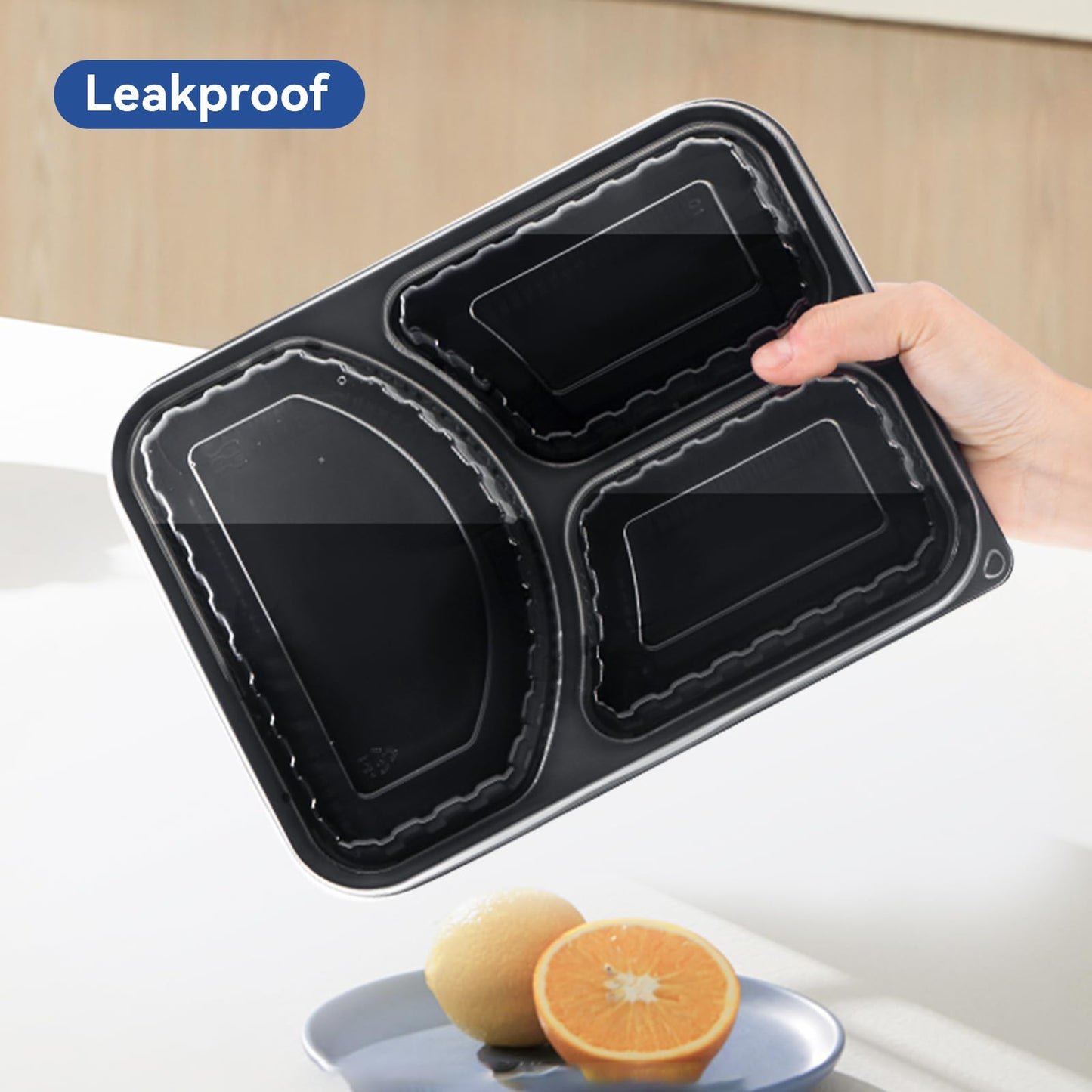 EKOSAVOR Take Out Containers 38 oz 40 Pack - Shrink Wrapped 3 Compartment Leakproof Catering | BPA Free PP Plastic Microwave & Freezer Safe | Flexible Reusable Commercial Black Lunch Boxes with Lid