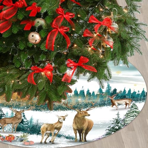 Festive Deer Tree Skirt, 48 Inch Classic Stag Holiday Tree Mat, with Metallic Ice Crystals, Rustic Seasonal Decor for Dwelling, Workspace, Patio, Seasonal Party Decor