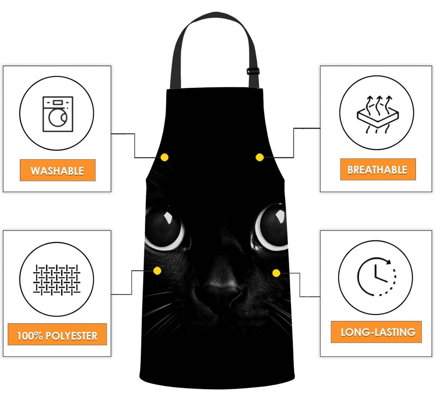 WONDERTIFY Black Apron,Cool Cat Head on Black Background Bib Apron with Adjustable Neck for Men Women,Suitable for Home Kitchen Cooking Waitress Chef Grill Bistro Baking BBQ Crafting Cobbler Apron