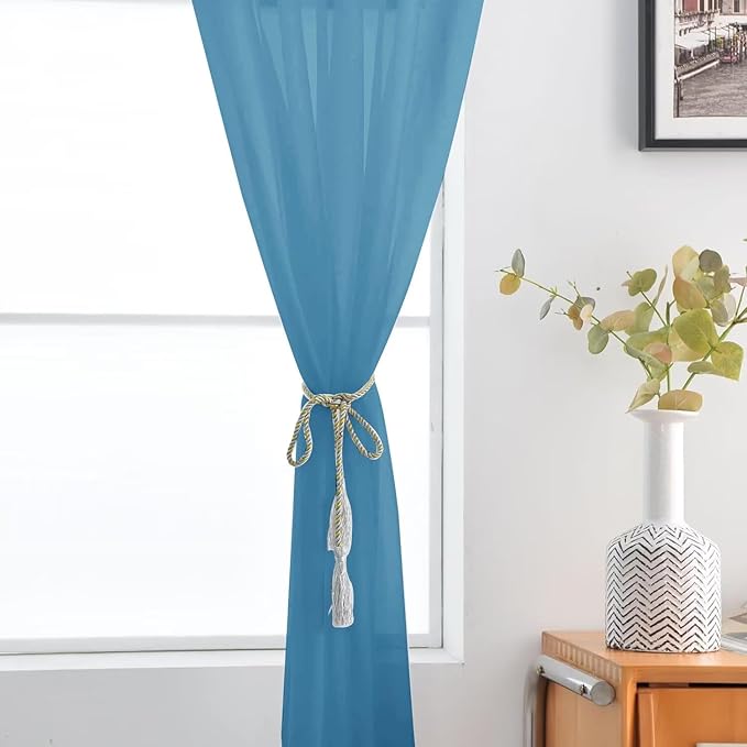 SpaceDresser Basic Rod Pocket Sheer Voile Window Curtain Panels Blue 1 Pair 2 Panels 52 Width 45 Inch Long for Kitchen Bedroom Children Living Room Yard（Blue, 52W x 45L）