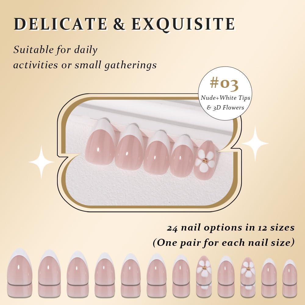 evpct French Tip Press On Nails Short Almond No Glue, Nude Wihte Tips & 3D Flowers, Glossy Short Almond Fake False Press on Nails, Soft Stick on nail Press ons with Nail Kit, Reusable Salon-quality