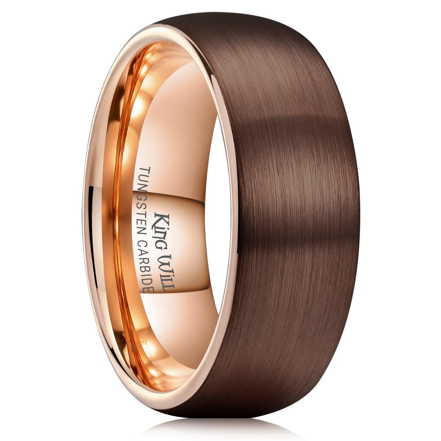 King Will 8mm Brown and Rose Gold Wedding Band for Men Women, Domed Brushed Tungsten Carbide Rings, Comfort Fit, Size 10.5