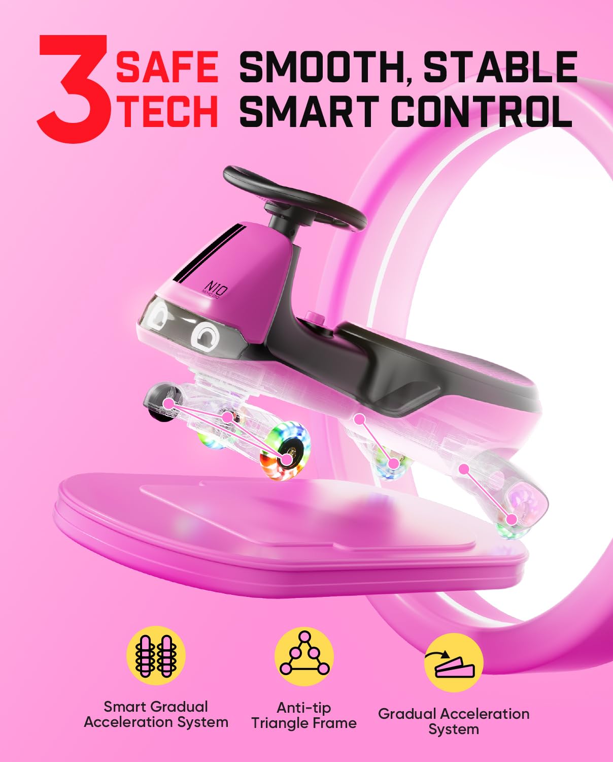 FanttikRide N10 Classic Electric Wiggle Car with Pedal, Type-C Rechargeable Battery, One-Click Detachable Mop, GlideWiz, Anti-Rollover, Flashing Wheels, Bluetooth, Ages 3+, 150 Lbs, Pink