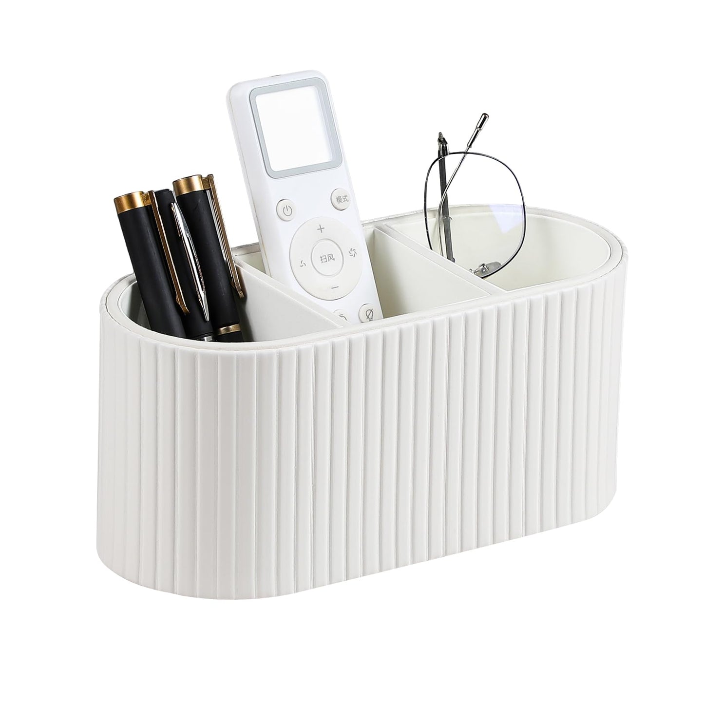 MEIBOOCH Oval Pen Holder for Desk, Remote Control Holder with 3 Compartments, PU Leather Small Desk Organizer Remote Caddy, Aesthetic Pencil Holder Desk Accessories for Home Office (Ivory)