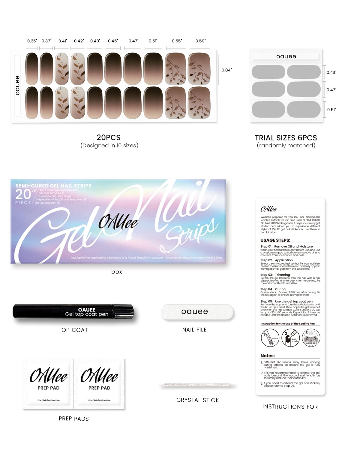 Oauee Semi Cured Gel Nail Strips | Built-In Gel Top Coat | UV Light Required | Salon Quality, Easy Application And Removal (Mocha Leaf Elegy）