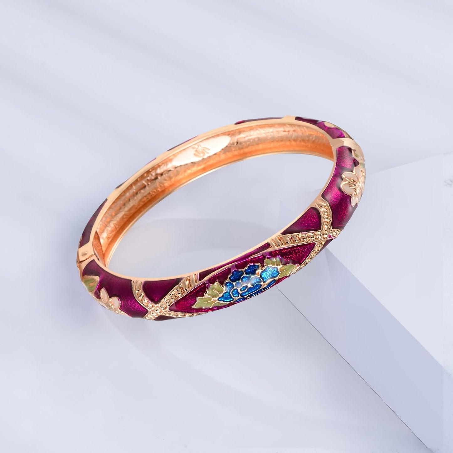 UJOY Bangles Bracelets Gorgeous Enameled Flower Cloisonne Plated Indian Jewelry Sets Box for Womens Gift 55A103-55A128 White Purple