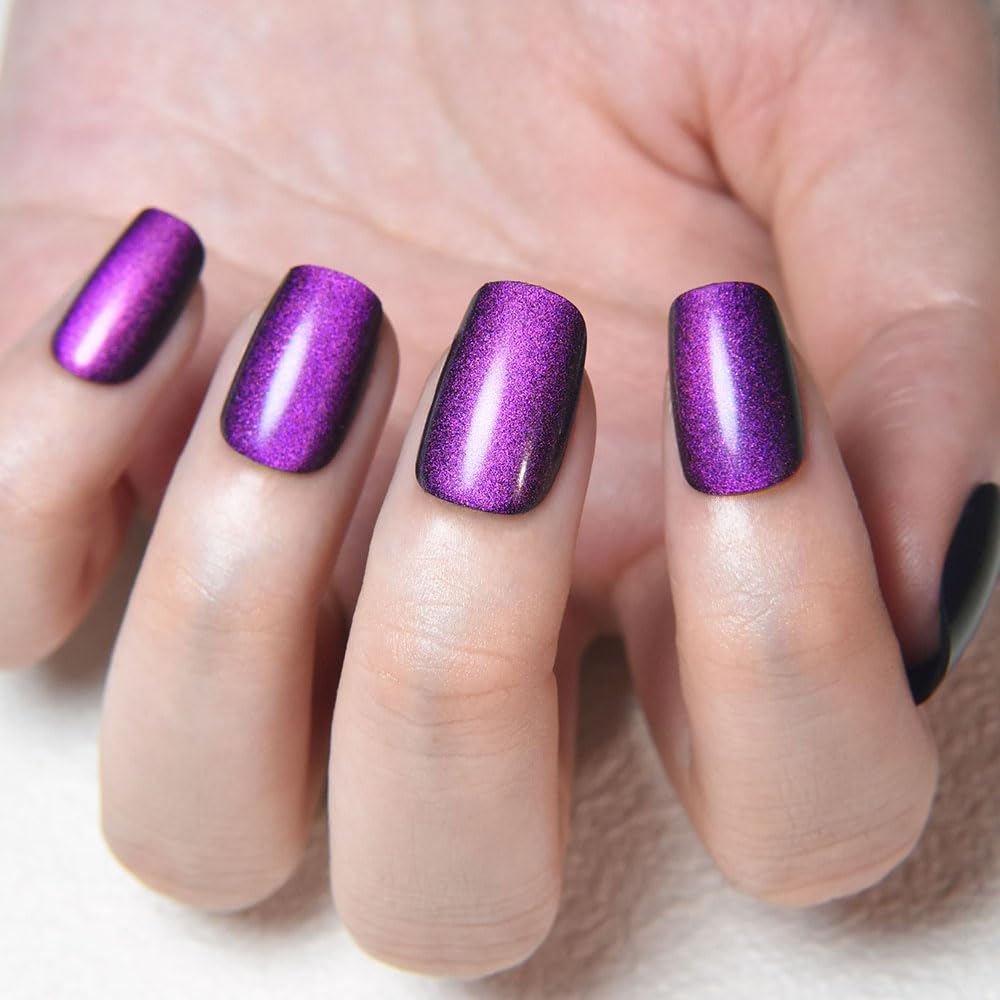evpct Purple Cat Eye Press on Nails Short Square, Short Square Stick on Fake Nails for Women Gift, Dark Purple Metallic Glitter Glossy Reusable Soft Gel Stick Press on Acrylic False Nail with Designs