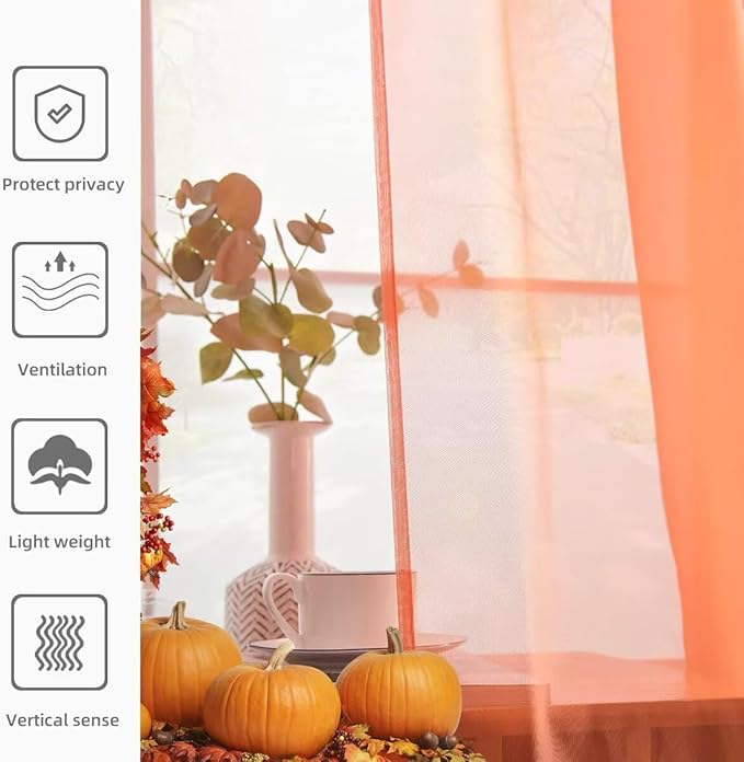 youleyar Solid Sheer Rod Pocket Curtain Voile Draperies 2 Panels White Beige Black Grey Coffee 52 Inch Width 54 Inch Long 1 Pair for Kitchen Bedroom Children Living Room Yard (Orange Red,52Wｘ54L)