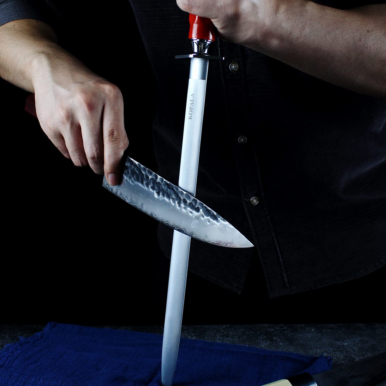 KOPALA Sharpening Steel Knife Sharpener Rod Flat 12 Inches Honing Steel for Knives Red