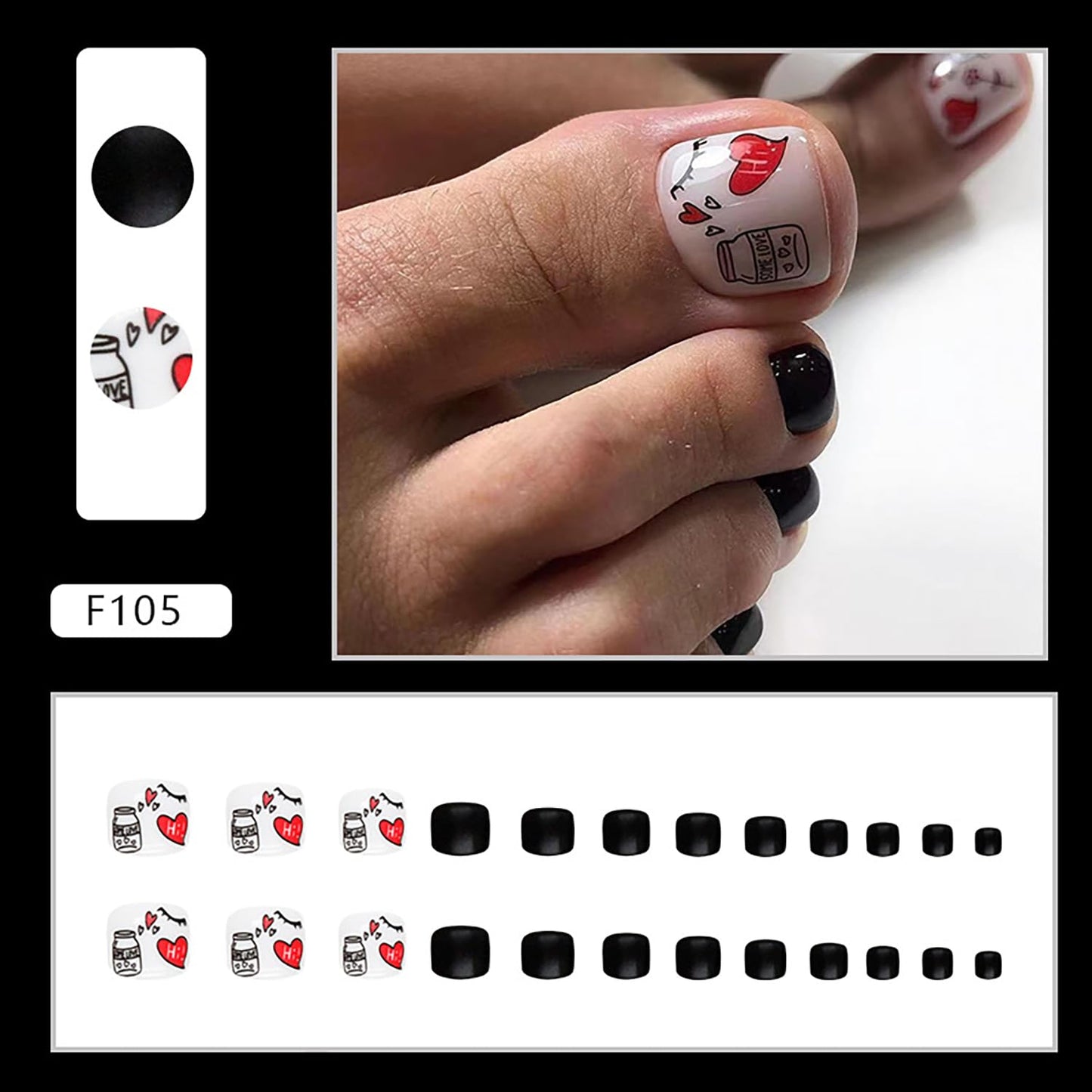 Artificial Acrylic Fake Nails for Toe, Press on Toenails Coffin with Heart Designs, Full Cover Reusable False Toenails with Glue, Glue on Toenails with Charm, Stick on Toe Nails for Women（F105）