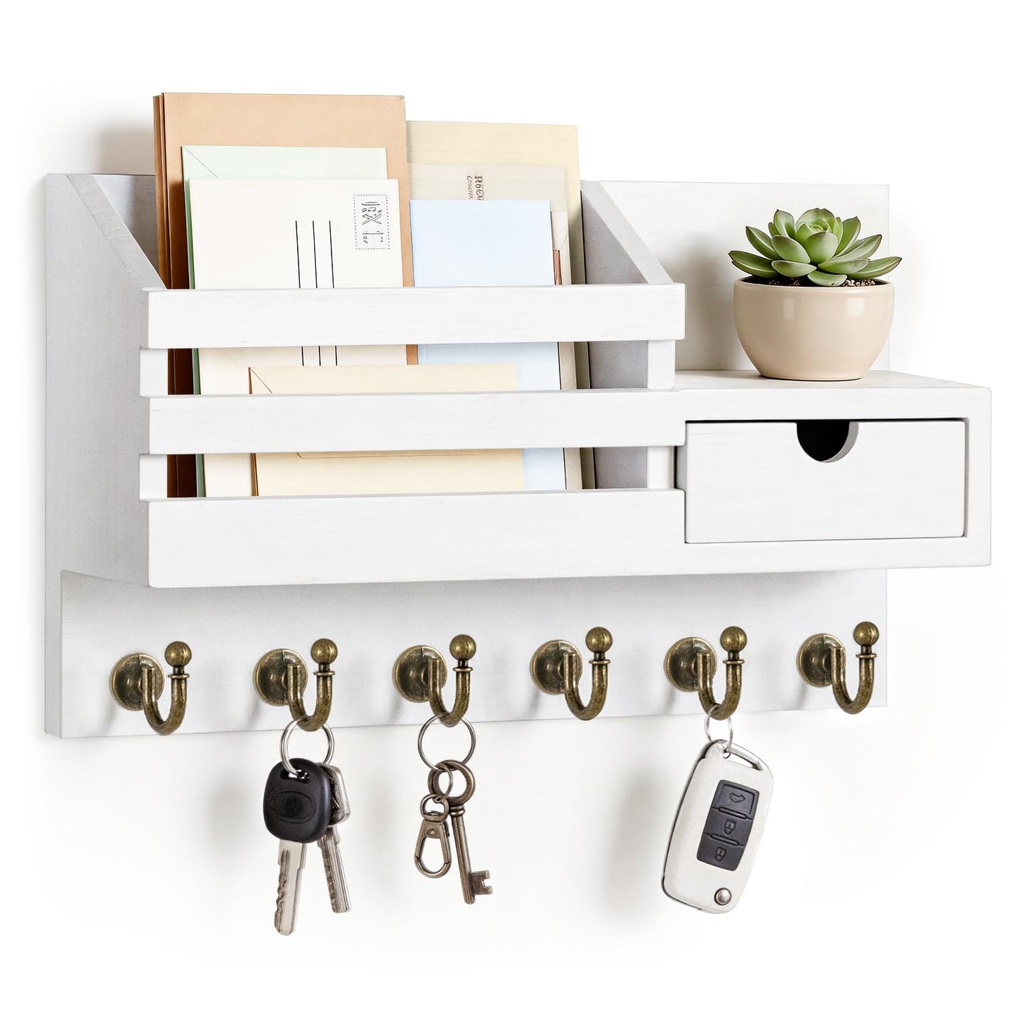 FifthQuarter Key Holder Wall Mount: Key and Mail Holder for Wall with 6 Hooks and Storage Drawer, Easy Installation Key Rack for Entryway Home Decor (A-White)