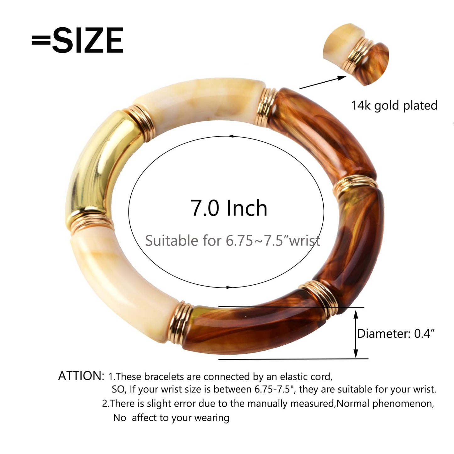 GOOJIDS Simple Beaded Gold Plated Bangles Bracelet Chunky Bamboo Tube Curved Stacking Clear Acrylic Colorful Beads Stretchable Gold Plated Bracelets Set For Women