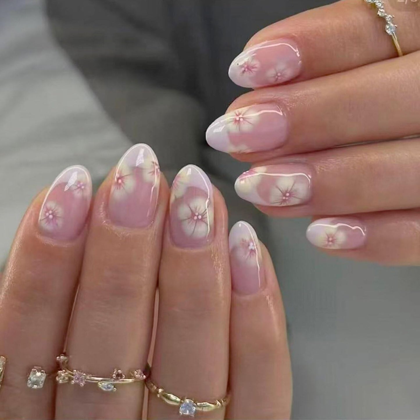Short Almond Press on Nails Soft Pink Gradient Base Delicate Cherry Motifs Shiny Surface Gentle Fresh Manicure Stick on Nails Artificial Nails Suitable for Elegant Cute Stylish Charming Pretty 24 Pcs