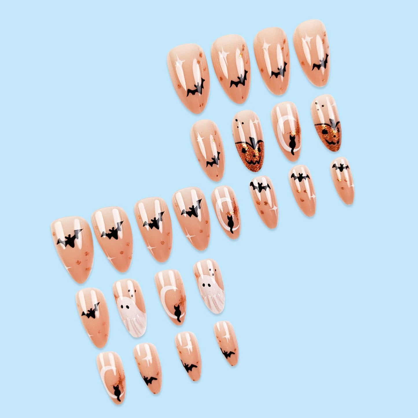 IMSOHOT Halloween Press on Nails - Nude Medium Almond Fake Nails with 3D White Ghost, Orange Glitter Pumpkins, Black Bat Designs | 24 Nail Kit with Glue, Glossy Cute Glue on False Nails