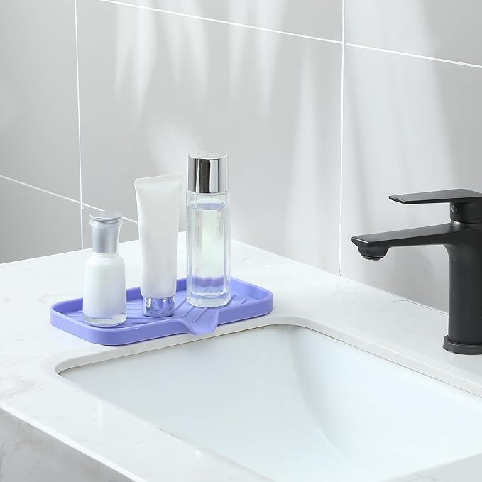 Silicone Bathroom Soap Dishes with Drain Spout-Bathroom and Kitchen Sink Organizer,Sponge Holder,Dish Soap Tray,Perfect for Dispenser,Scrubber,Bottle on Sink or Counter-Light Purple 9.6"×5.3"
