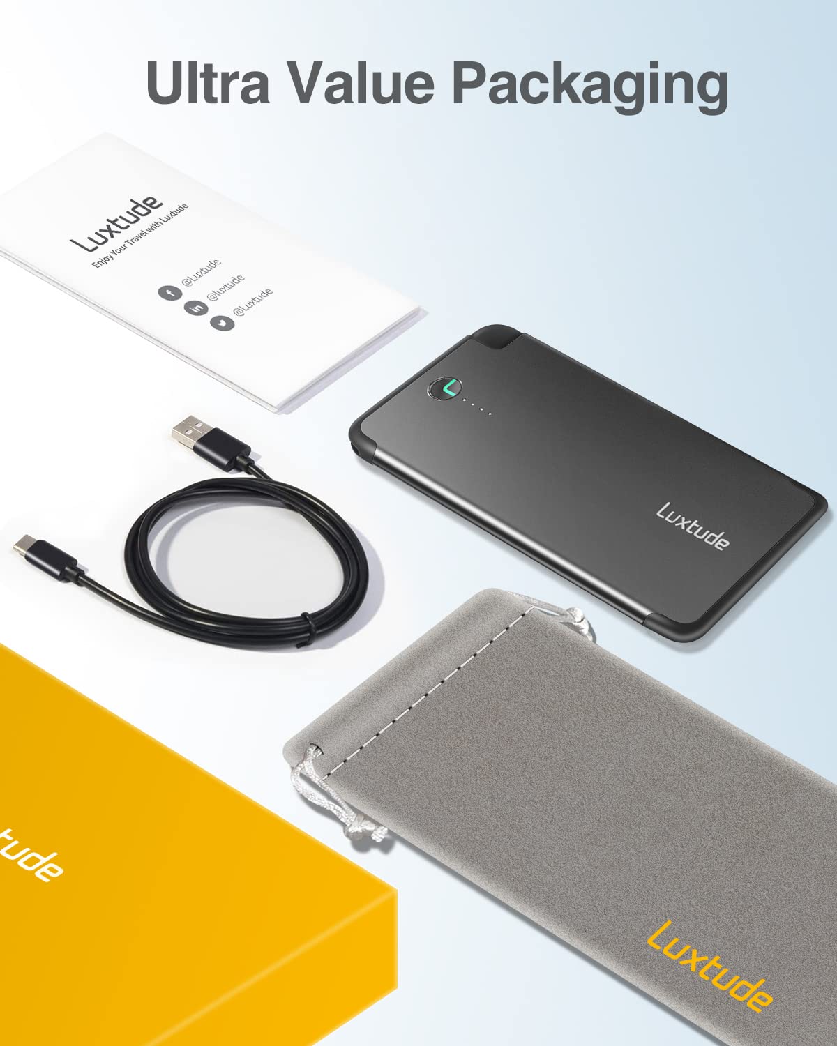 Luxtude Portable Charger iPhone Built in Lightning Cable (MFi Apple Certified), Ultra Slim Portable Phone Charger Thin Battery Pack, 5000mAh Power Bank for iPhone 14/13/12/11/10 etc. (Metal Black)