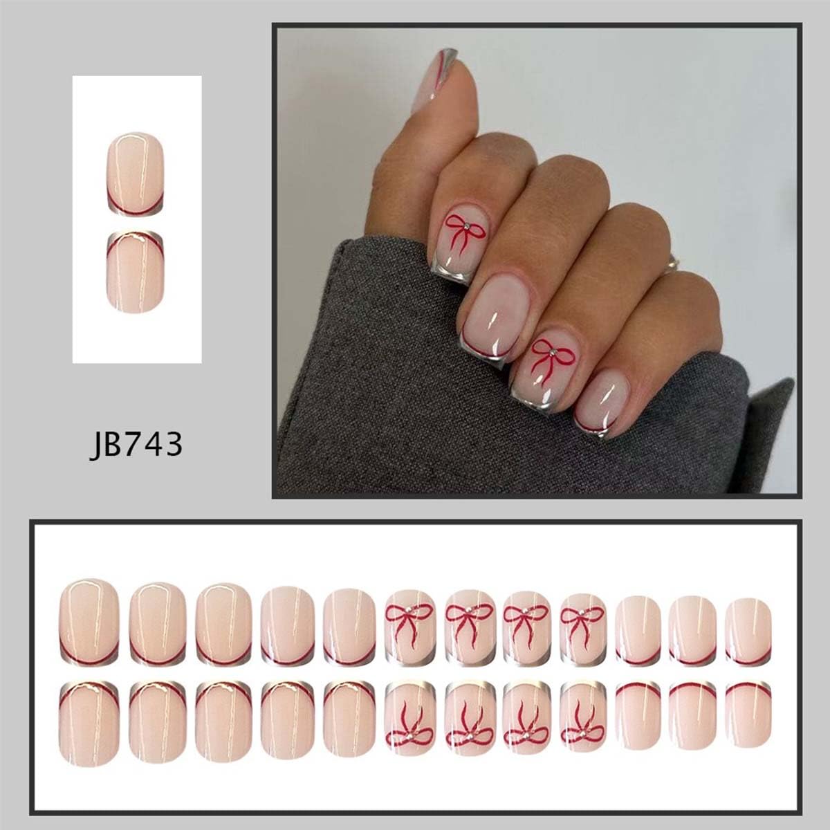French Tip Press On Nails Short Square Fake Nails Bowknot With Pearl Design Cute False Nails Reusable Artificial Acrylic Glue On Nail Full Cover Stick On Nail For Women Manicure 24pcs