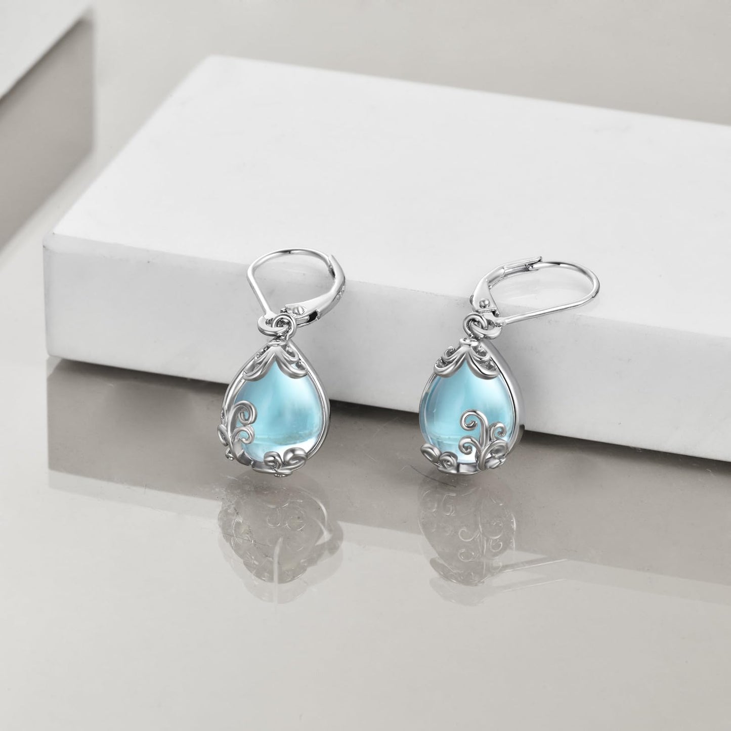 POPLYKE Aquamarine Filigree Teardrop Drop Dangle Earrings Sterling Silver Blue Crystal Leverback Earrings Jewelry for Women